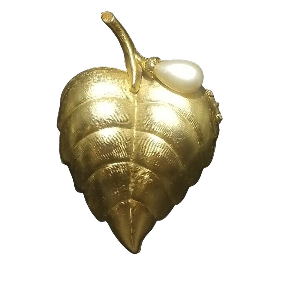Avon Signed Pin Brooch Pearl Gold Tone Leaf Perfume Holder Pocket Vintage Unique